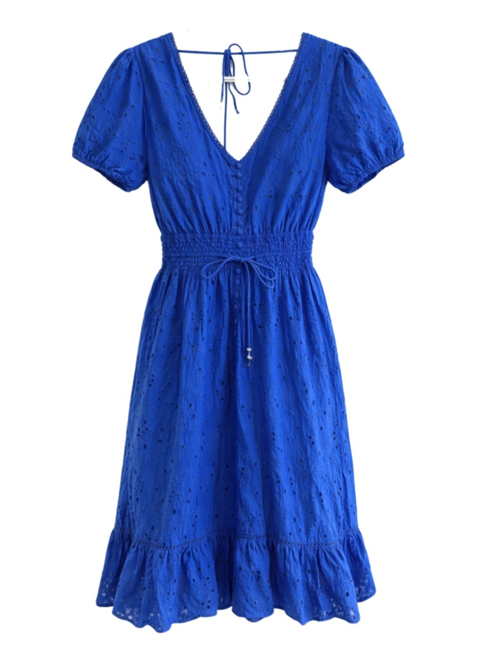 GOA Paris Blue Eyelet Cotton Backless V-Neck Dress Tie – Size Small EUC